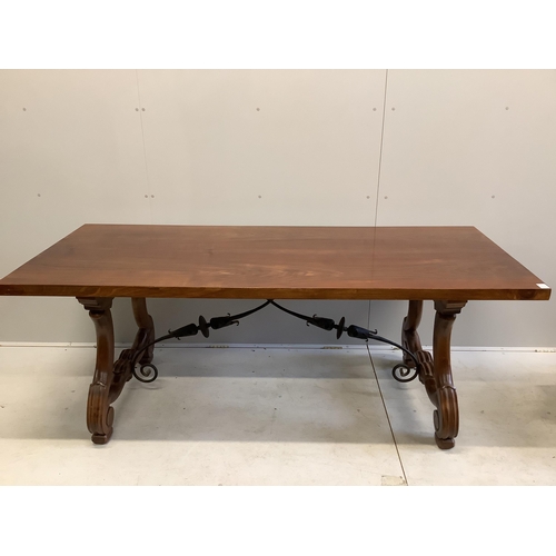 1093 - A Spanish walnut and fruitwood rectangular table, width 200cm, depth 84cm, height 77cm together with... 