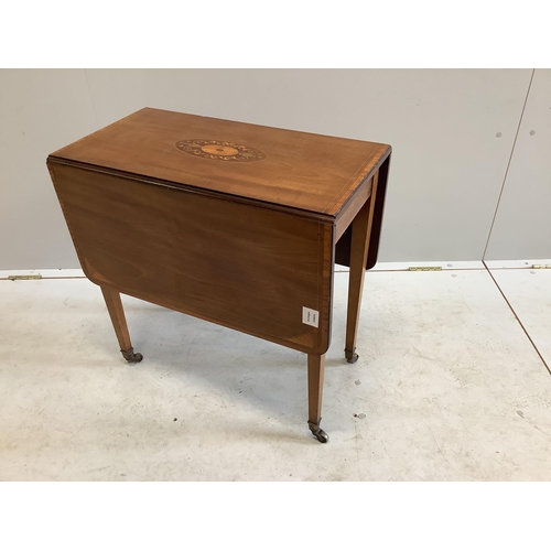 1096 - An Edwardian marquetry inlaid mahogany drop flap occasional table, width 61cm, depth 33cm, height 62... 