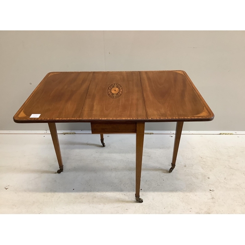 1096 - An Edwardian marquetry inlaid mahogany drop flap occasional table, width 61cm, depth 33cm, height 62... 