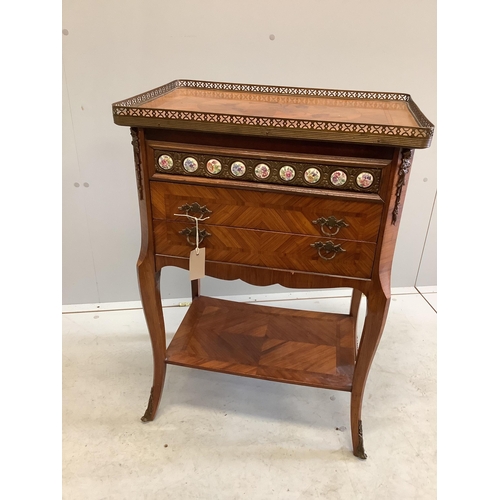 1099 - A Louis XVI style porcelain and gilt metal mounted inlaid kingwood two drawer chest, width 56cm, dep... 