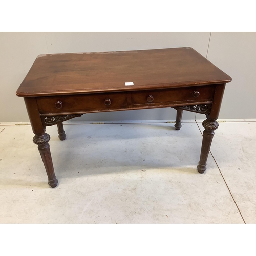 1100 - A Victorian mahogany two drawer side table, stamped Beal & Son, London, width 107cm, depth 60cm, hei... 