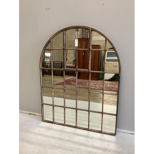 1117 - An industrial style cast iron arched window wall mirror, width 92cm, height 115cm