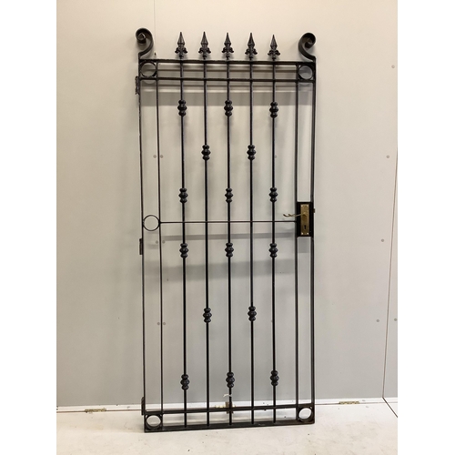 1119 - A black painted wrought iron garden gate, width 85cm, height 191cm