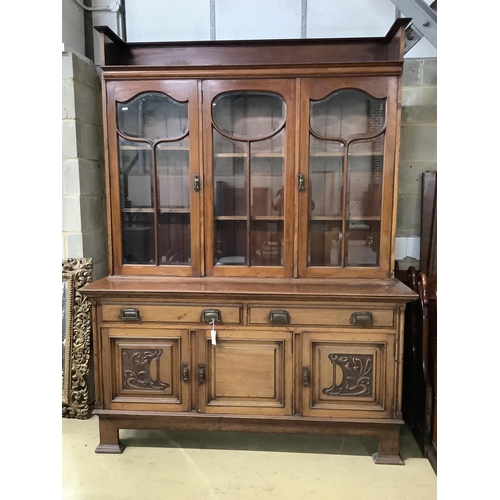 1128 - A late Victorian Art Nouveau mahogany dresser, width 168cm, depth 58cm, height 225cm