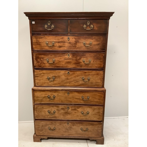 1130 - A George III mahogany chest on chest, width 108cm, depth 52cm, height 186cm