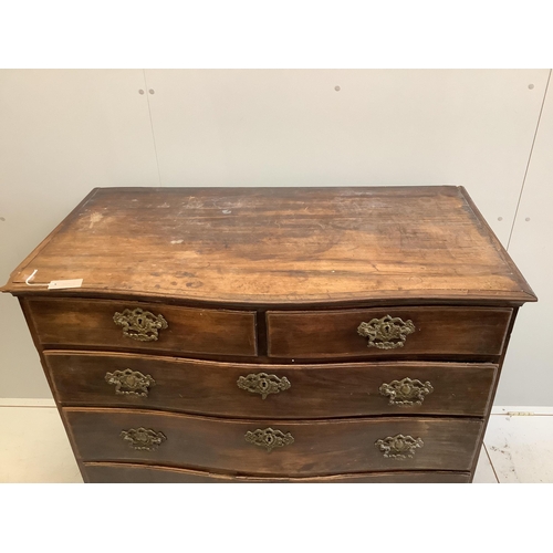 1142 - An 18th century Continental rosewood serpentine four drawer chest (missing back foot), width 120cm, ... 