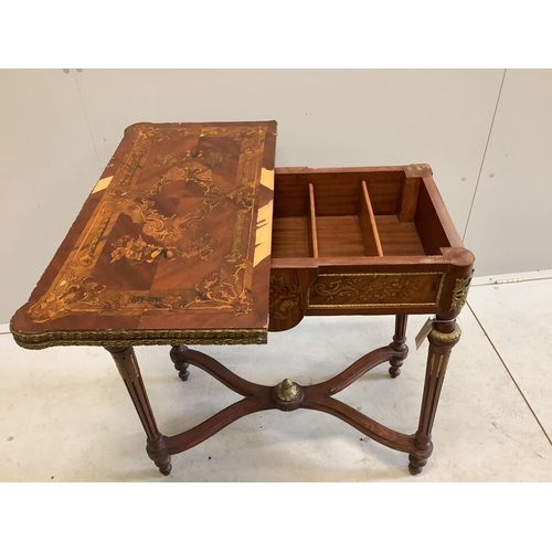 1143 - A Louis XVI style gilt metal mounted and marquetry inlaid folding card table, width 77cm, depth 40cm... 