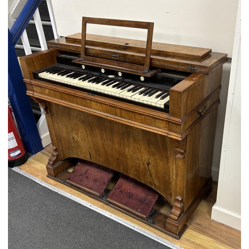 1145 - A Victorian walnut harmonium, width 106cm, depth 49cm, height 88cm