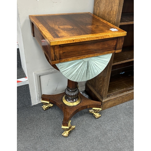 1146 - A George IV square rosewood and satinwood banded sewing table, 46cm, height 81cm