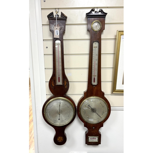 1174 - Two late Georgian mahogany and rosewood wheel barometers, larger height 100cm