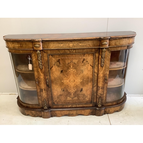 1177 - A Victorian gilt metal mounted marquetry inlaid figured walnut credenza, width 156cm, depth 43cm, he... 