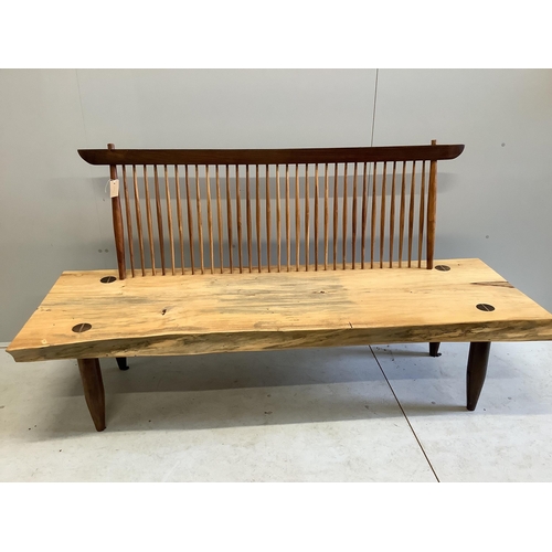 1181 - In the manner of Mira Nakashima a Conoid comb back bench width 180cm, depth 60cm, height 95cm