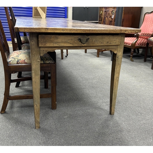 1182 - A 19th century rectangular Provincial oak kitchen table with cleated plank top, fitted two drawers o... 