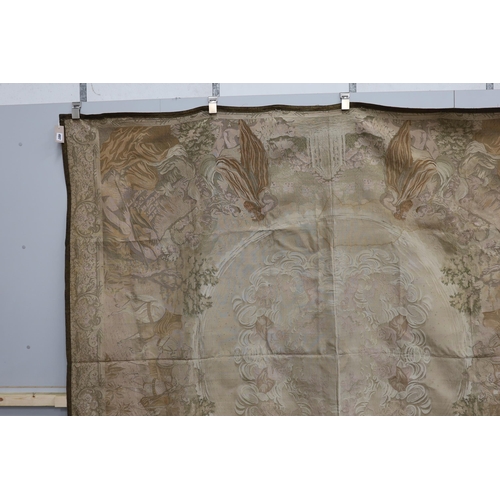 1190 - A metallic woven machine tapestry edged in metallic braiding, the tapestry depicting various scenes ... 