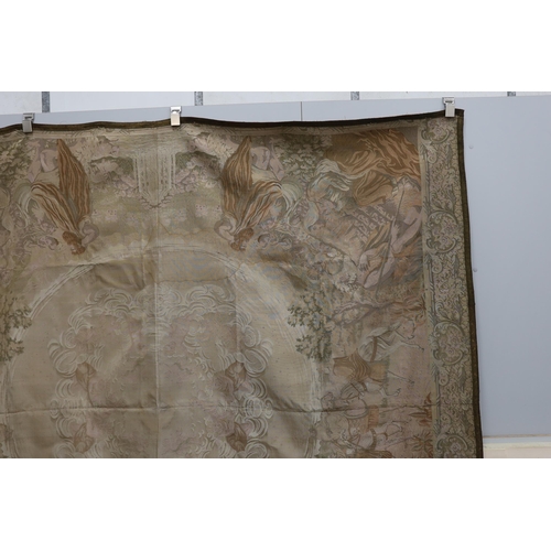 1190 - A metallic woven machine tapestry edged in metallic braiding, the tapestry depicting various scenes ... 