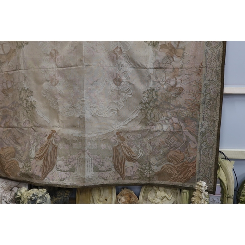 1190 - A metallic woven machine tapestry edged in metallic braiding, the tapestry depicting various scenes ... 