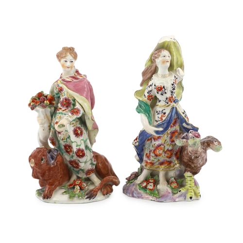 1254 - A pair of Bow porcelain groups of Ceres and Juno, c.1758, the figure of Juno standing beside an eagl... 