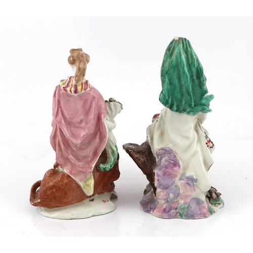 1254 - A pair of Bow porcelain groups of Ceres and Juno, c.1758, the figure of Juno standing beside an eagl... 