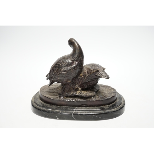 1257 - After Christopher Fratin (1801-1864) a bronze figure group of partridges, on marble base, 19cm wide... 