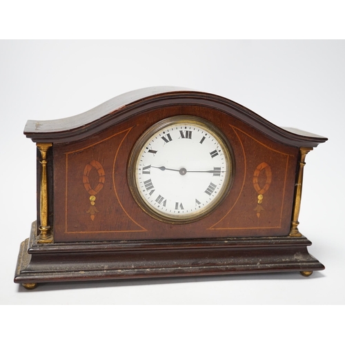 1266 - An Edwardian inlaid mahogany mantel timepiece, 29cm