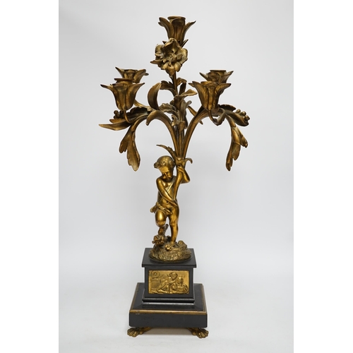 1272 - A 19th century ormolu and slate cherubic candelabrum, 58cm