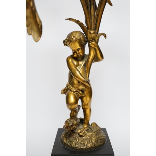 1272 - A 19th century ormolu and slate cherubic candelabrum, 58cm