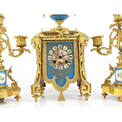 1273 - A 19th century French ormolu and Sevres style porcelain clock garniture, the mantel clock with flora... 