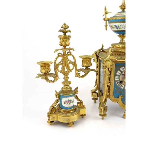 1273 - A 19th century French ormolu and Sevres style porcelain clock garniture, the mantel clock with flora... 