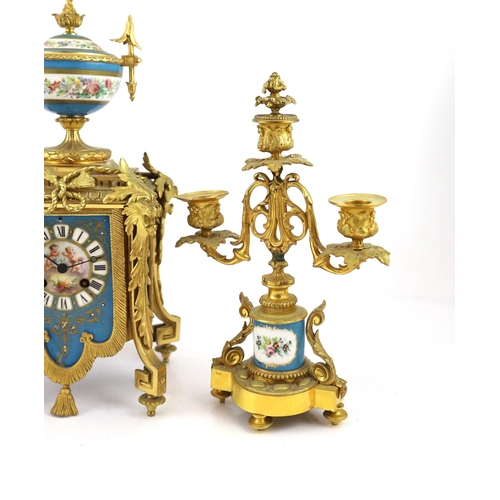 1273 - A 19th century French ormolu and Sevres style porcelain clock garniture, the mantel clock with flora... 