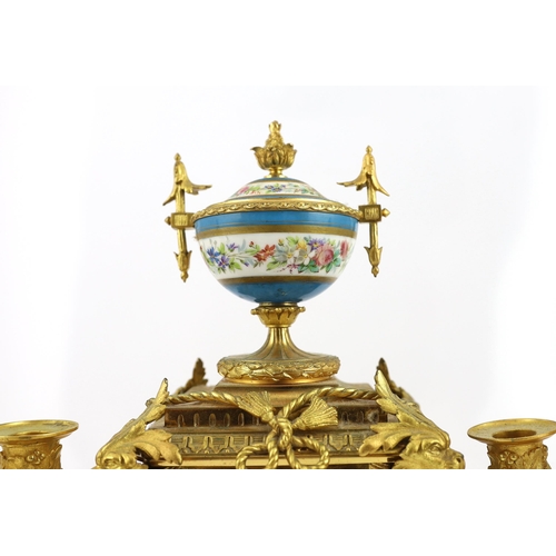 1273 - A 19th century French ormolu and Sevres style porcelain clock garniture, the mantel clock with flora... 