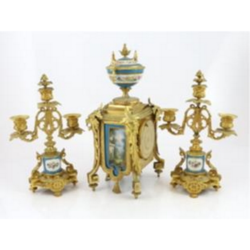 1273 - A 19th century French ormolu and Sevres style porcelain clock garniture, the mantel clock with flora... 