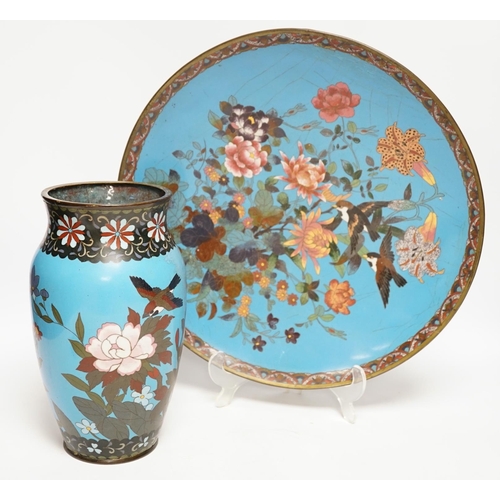 1275 - Two pieces of Japanese cloisonné enamel, comprising charger and vase, largest 36cm in diameter... 