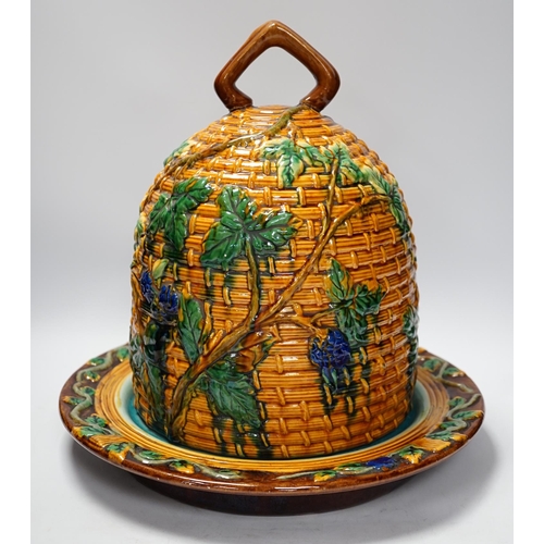 1277 - A Minton style Majolica cheese dish and cover decorated in relief, restored handle, 35cm