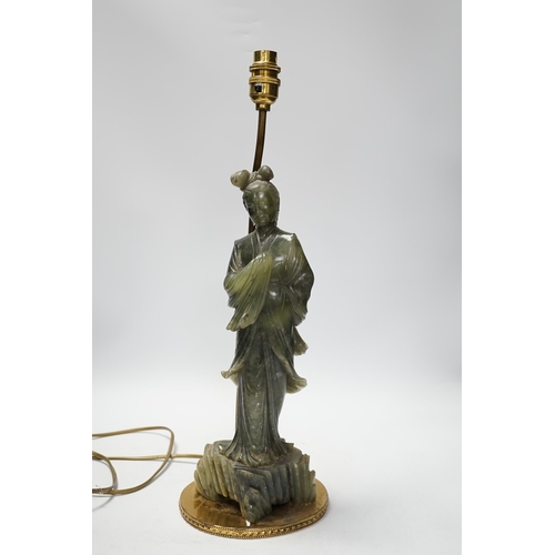 1278 - A Chinese carved soapstone figural lamp, 48cm total