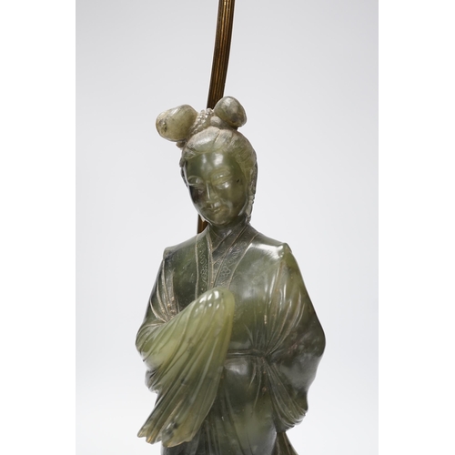 1278 - A Chinese carved soapstone figural lamp, 48cm total