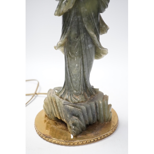 1278 - A Chinese carved soapstone figural lamp, 48cm total