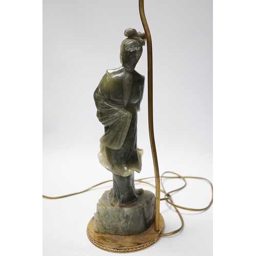 1278 - A Chinese carved soapstone figural lamp, 48cm total