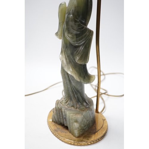 1278 - A Chinese carved soapstone figural lamp, 48cm total