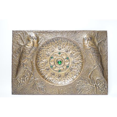 1280 - A planished bronzed metal panel decorated with owls, 32.5x48cm