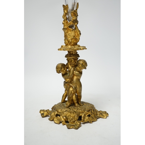 1281 - A 19th century ormolu and glass cherubic epergne, 36cm