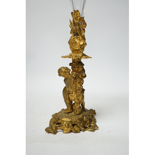 1281 - A 19th century ormolu and glass cherubic epergne, 36cm