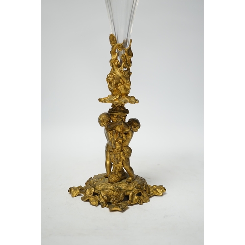 1281 - A 19th century ormolu and glass cherubic epergne, 36cm