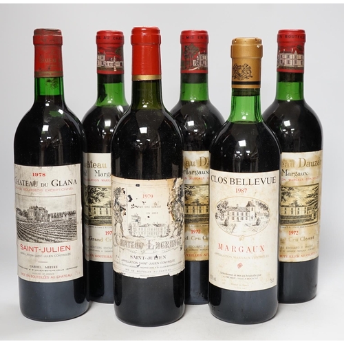 1284 - Three bottles of Chateau Dauzac Margaux 1972 and three other bottles Chateau Du Glana Saint Julien 1... 