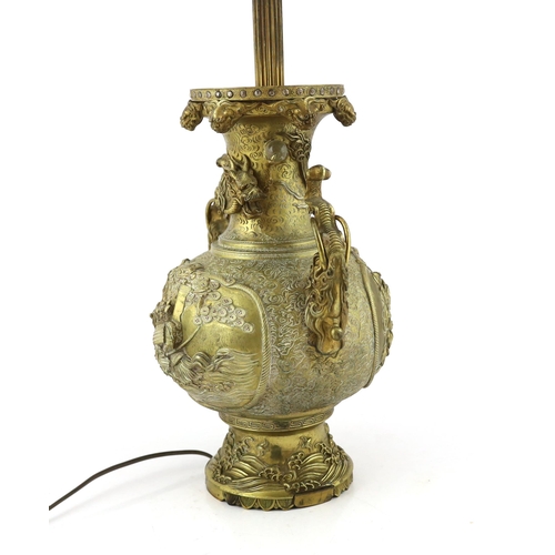 1305 - A Japanese gilt bronze 'Samurai' vase, early 20th century, later mounted as a lamp, cast and chased ... 