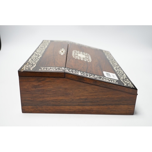 1309 - An early Victorian fret cut ivory inlaid rosewood writing slope with tooled leather slope, 35cm wide... 