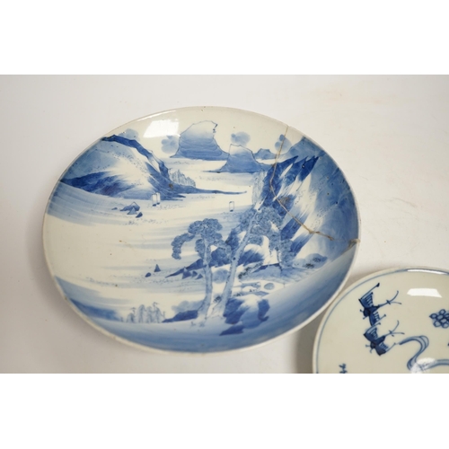 1318 - Two Japanese blue and white plates, largest 22cm in diameter