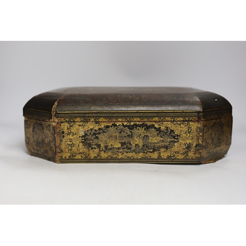 1319 - A mid 19th century Chinese gilt-decorated black lacquer games box containing mother-of-pearl counter... 