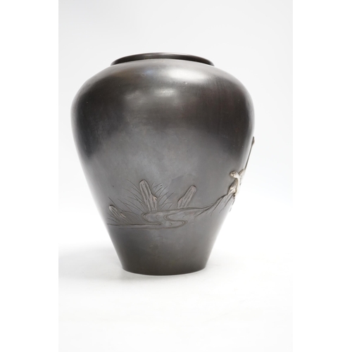 1321 - A Japanese white metal overlaid bronze vase, Meiji period, 21cm