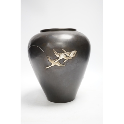 1321 - A Japanese white metal overlaid bronze vase, Meiji period, 21cm