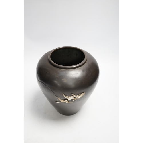 1321 - A Japanese white metal overlaid bronze vase, Meiji period, 21cm